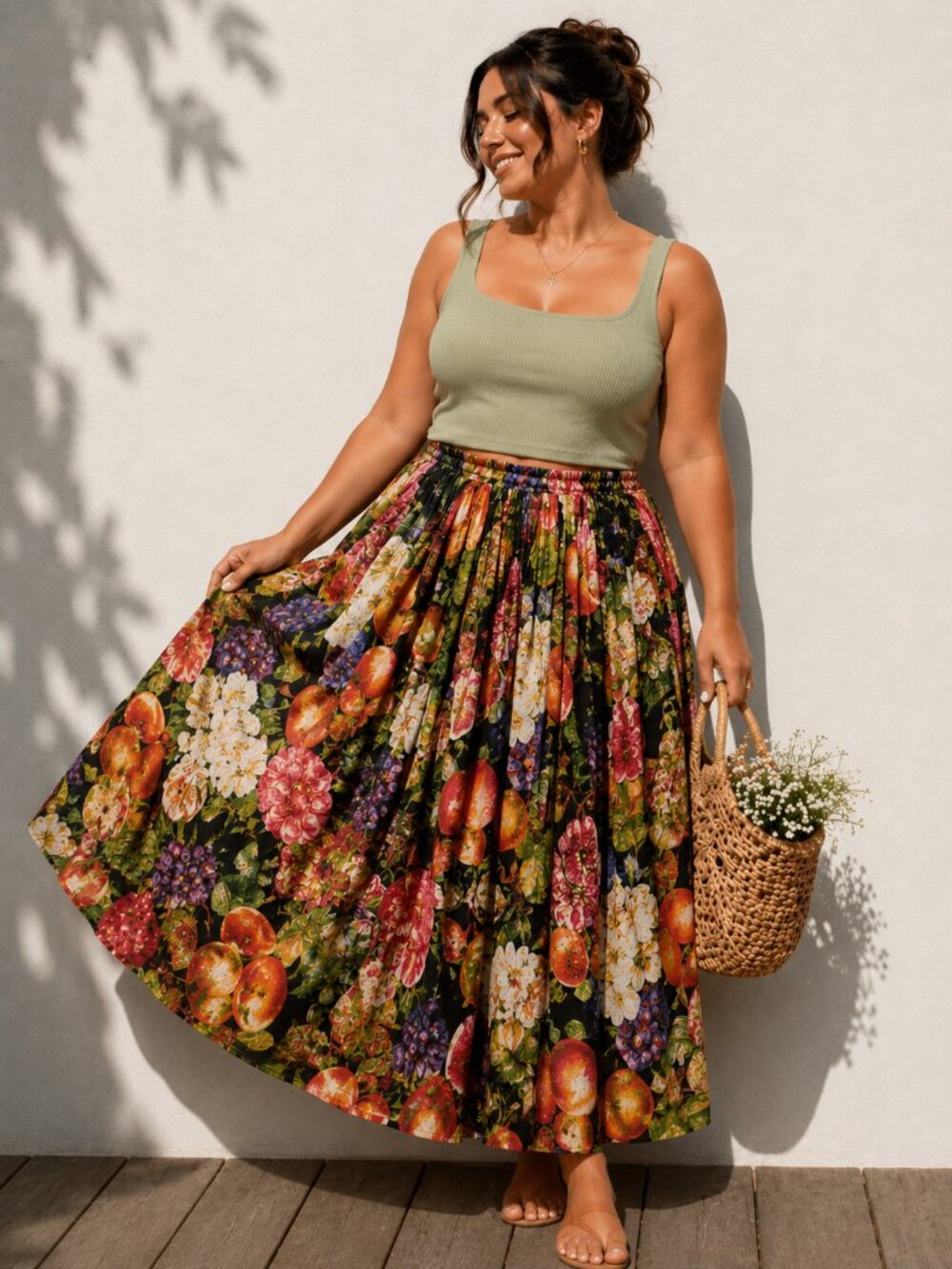 Vintage Fruit Print Cotton Maxi Skirt Cottagecore Resort Tropical Boho One Size
